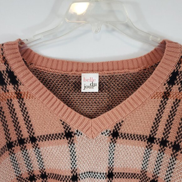 Belle Du Jour Pink Brown Plaid Knit Womens Crop Top Long Slv Sweater V Neck XL - Picture 5 of 10
